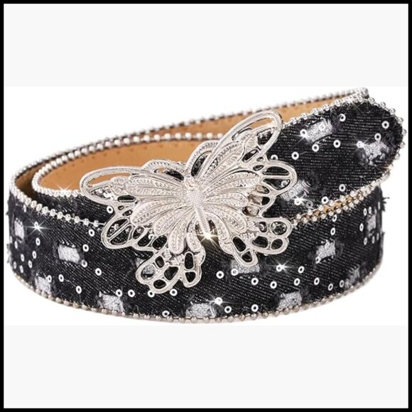 PU Leather Denim Waist Belt with Western Buckle, Butterfly Design main image 6